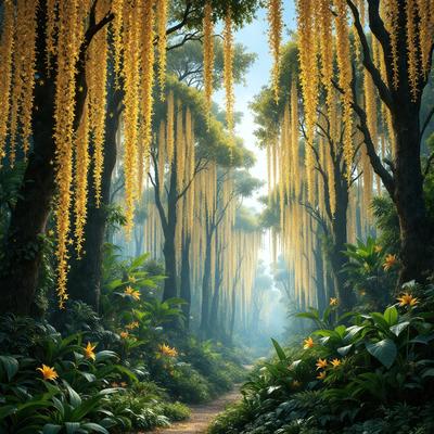 The primary subject of the image is a path surrounded by lush greenery and yellow flowers. The setting is a forest with trees and plants, creating a serene and natural atmosphere. The visual style is a combination of photo and digital art, giving the image a realistic yet artistic appearance. The dominant colors are green, yellow, and brown, reflecting the vibrant and lush environment.